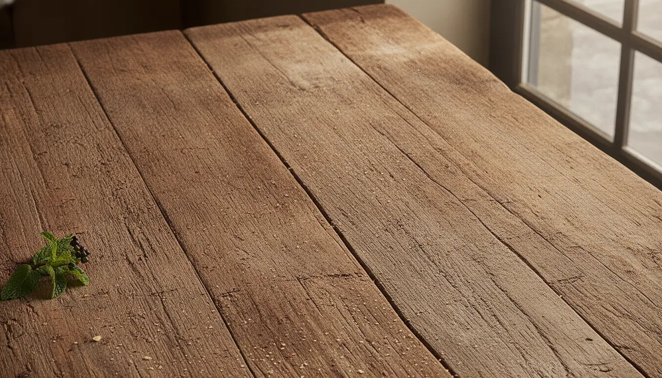 A rustic wooden table by a sunlit window at Bedoian's