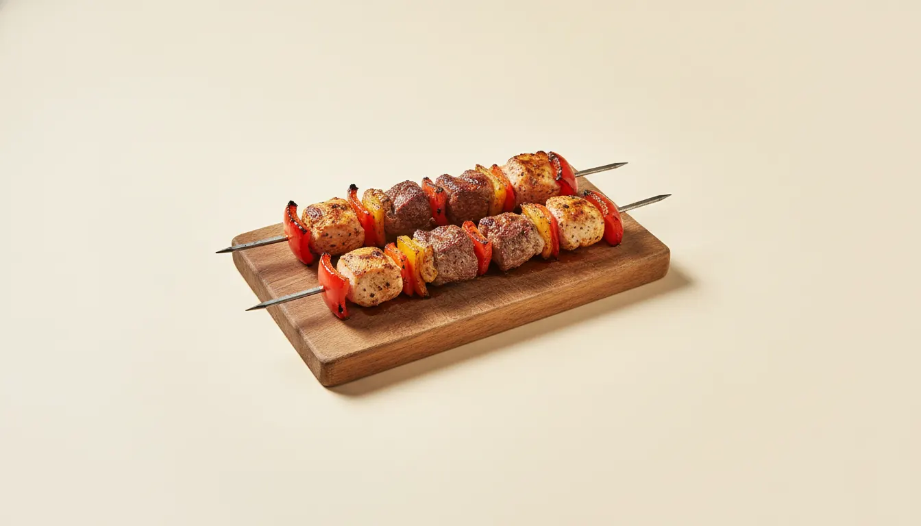 Chicken and beef kabobs on the board