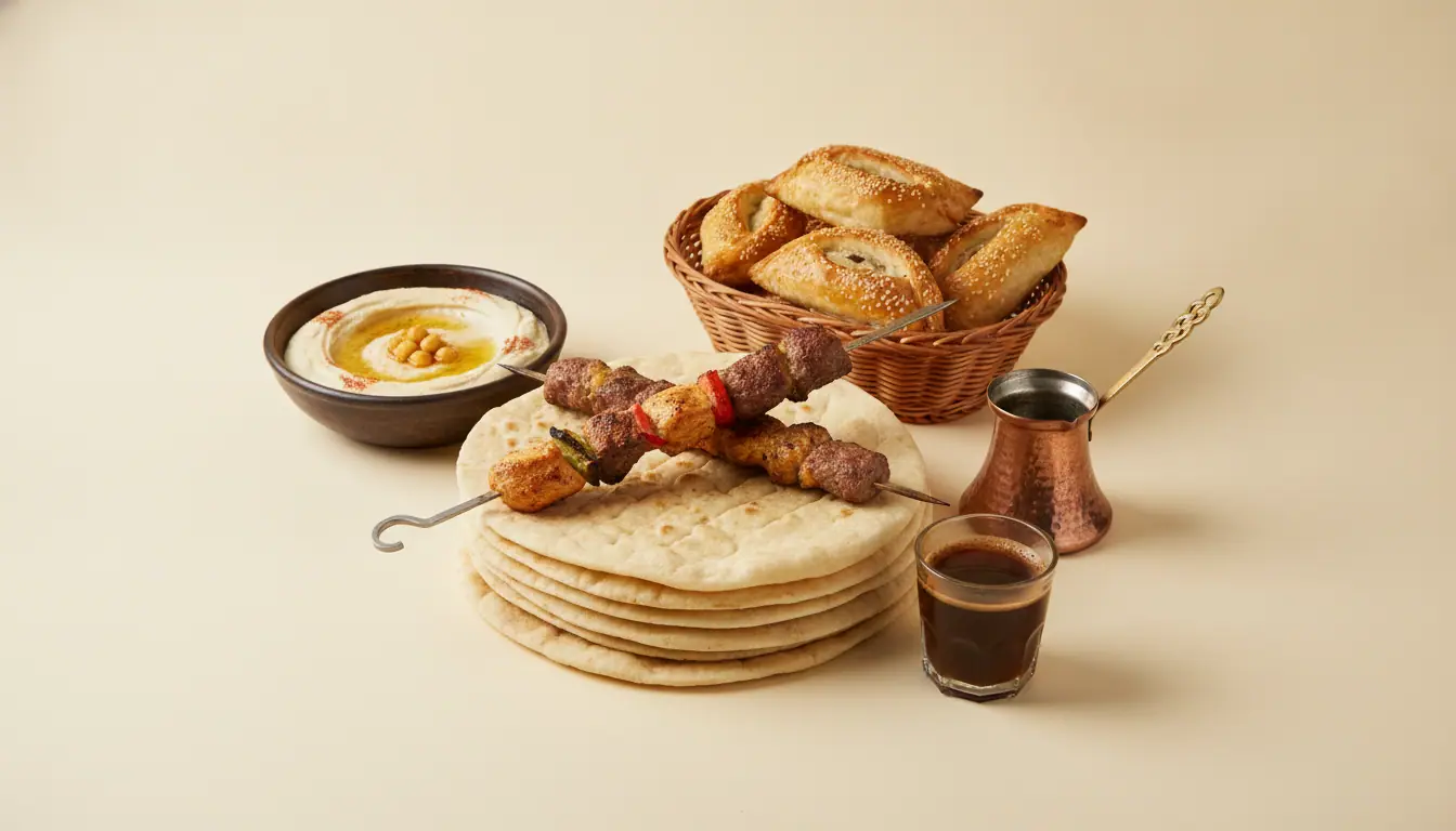 An Armenian breakfast spread — flatbreads, kabobs, boereg and coffee
